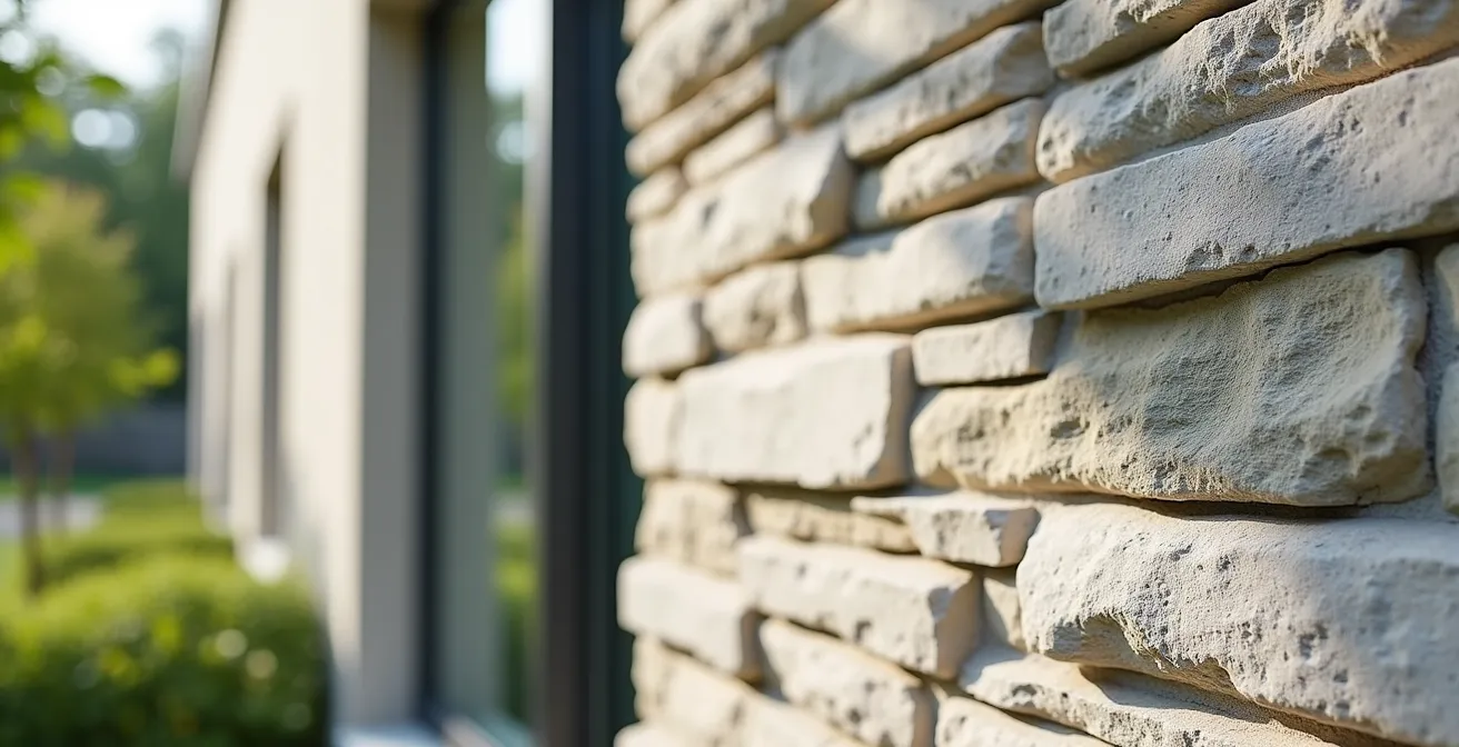 Gros plan sur une façade moderne suisse avec matériaux durables et reflets naturels