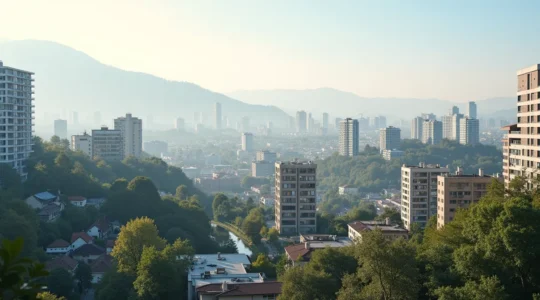 Vue panoramique d'une ville suisse moderne avec des bâtiments résidentiels et commerciaux sous une lumière naturelle douce, composition élégante et épurée.