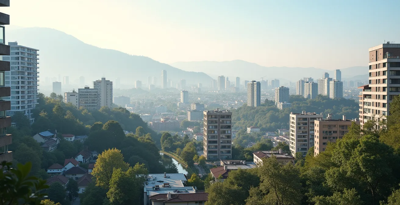 Vue panoramique d'une ville suisse moderne avec des bâtiments résidentiels et commerciaux sous une lumière naturelle douce, composition élégante et épurée.