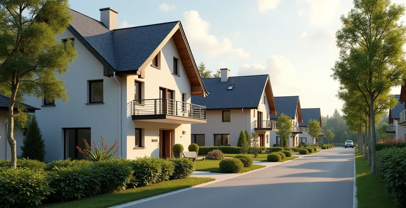 Vue photographique d’une zone résidentielle périurbaine suisse avec des maisons modernes, lumière naturelle douce, texture détaillée